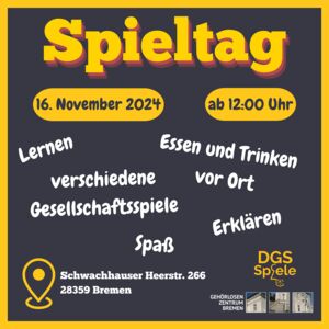 Spieletag in Bremen am 16.11.2024! Gemeinsam spielen - Spaß haben - Freunde treffen!  Mit Brett- und Kartenspielen, Puzzle und mehr. Für alle ab 6 Jahren, mit und ohne Behinderung.